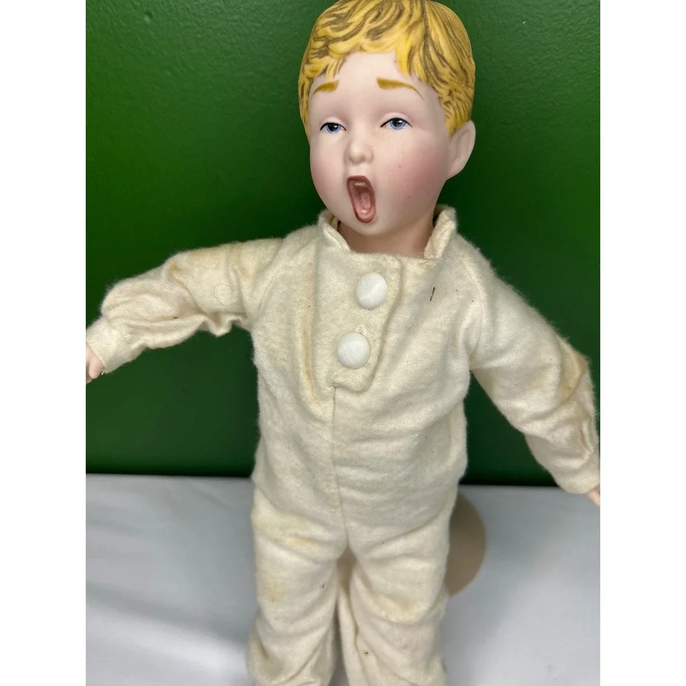 Vintage Porcelain Boy Doll Singing Yawning Open Mouth Cream Sleeper with Stand